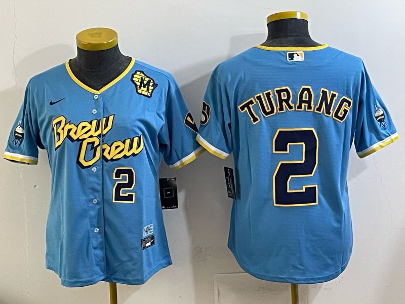 Youth 2025 Milwaukee Brewers #2 Turang Light blue City Edition Nike MLB Jersey 05